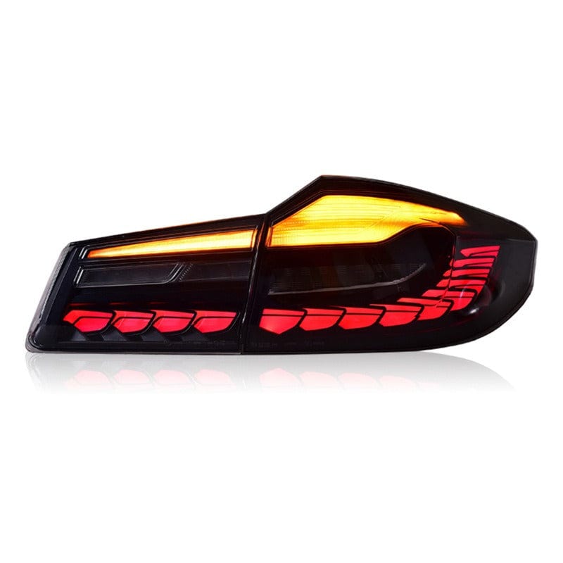 Rear end of BMW G30 fitted with smoked GTS OLED LED tail lights