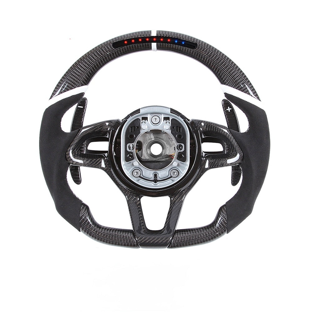 Custom carbon fiber steering wheel for McLaren 570S featuring integrated LED shift lights, ergonomic performance grips, and premium carbon fiber construction.